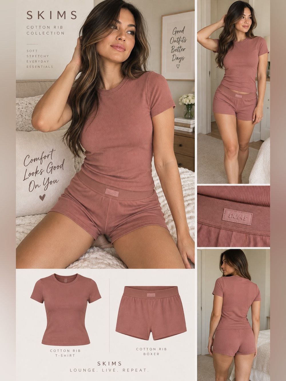 SKIMS Cotton Rib T-Shirt & Boxer Set — Dusty Rose